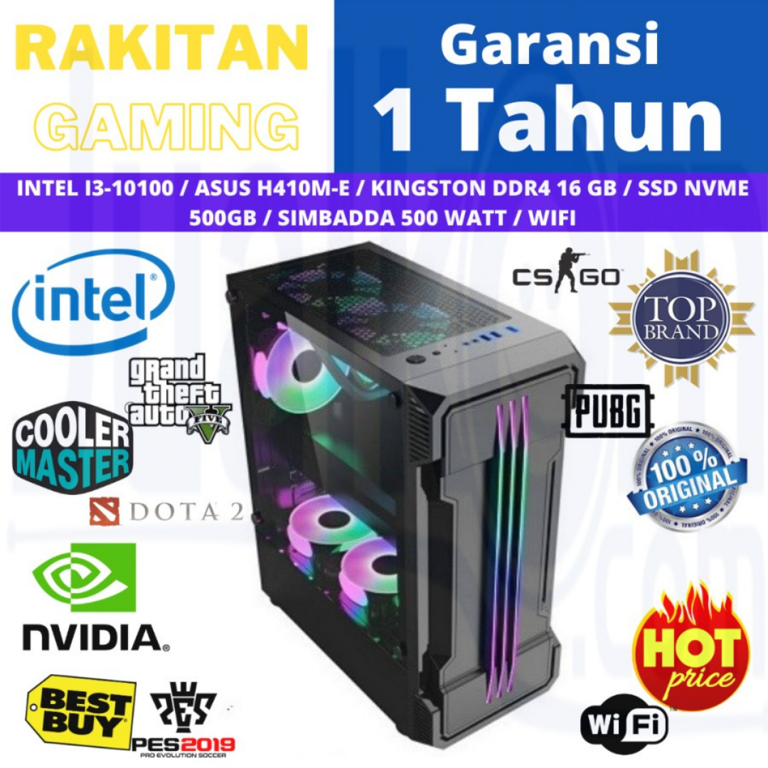 PC Rakitan Gaming Intel i3-10100 DDR4 16GB 500GB NVMe H410M-HV3